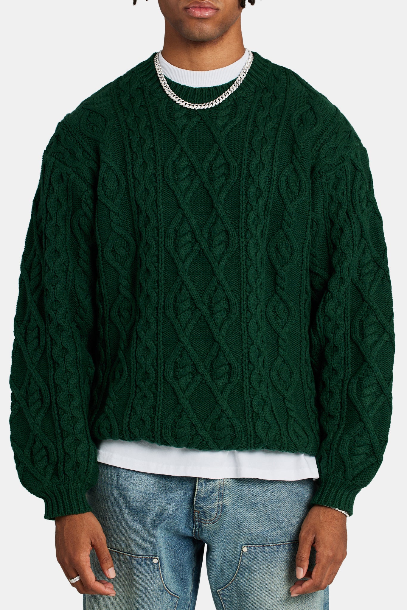 Cable Knit Varsity Sweater - Forest Green, Mens Knitwear