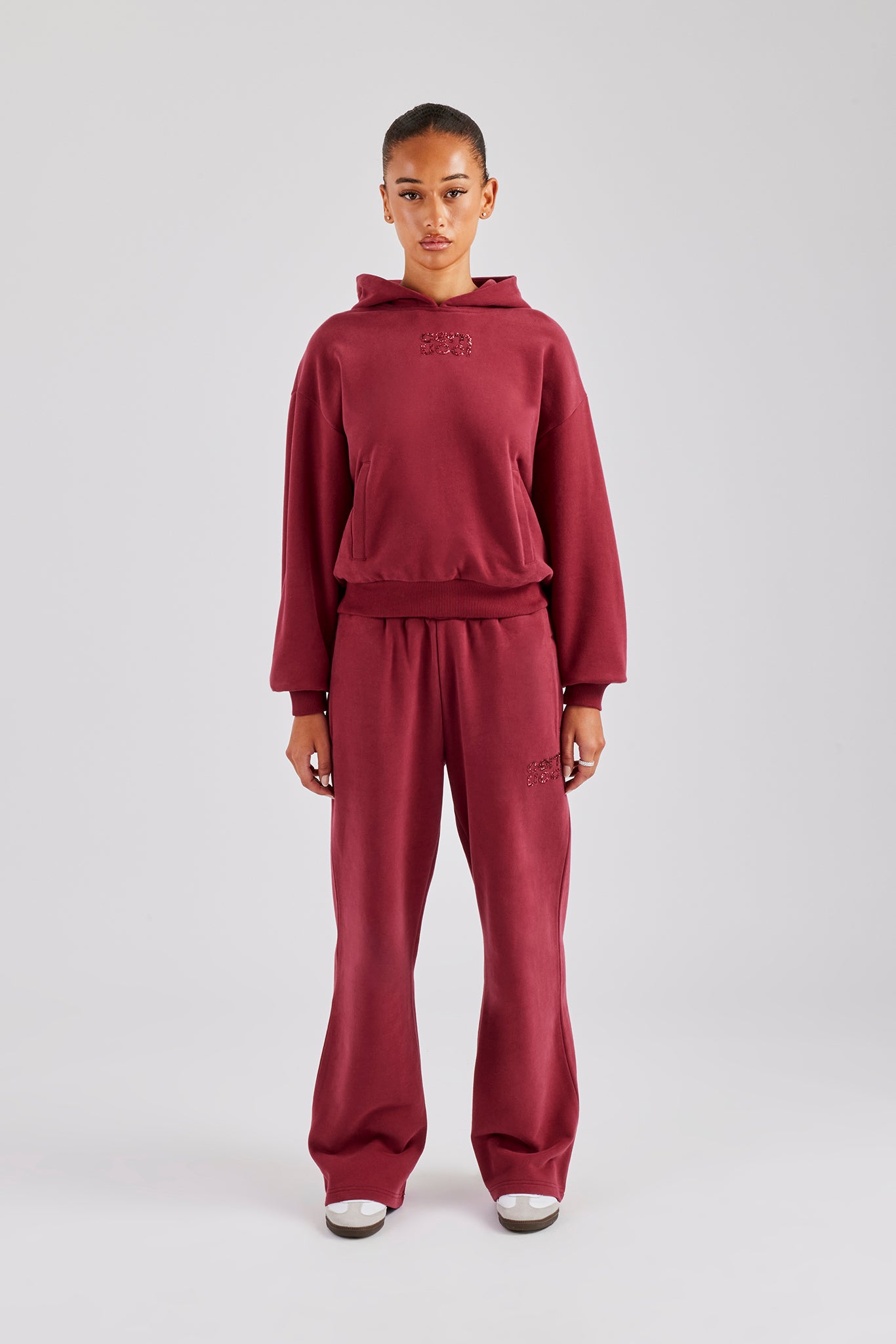 Glitter Applique Oversized Hoodie Tracksuit Cherry Red Womens Sets Shop Tracksuits at CERNUCCI.COM Cernucci