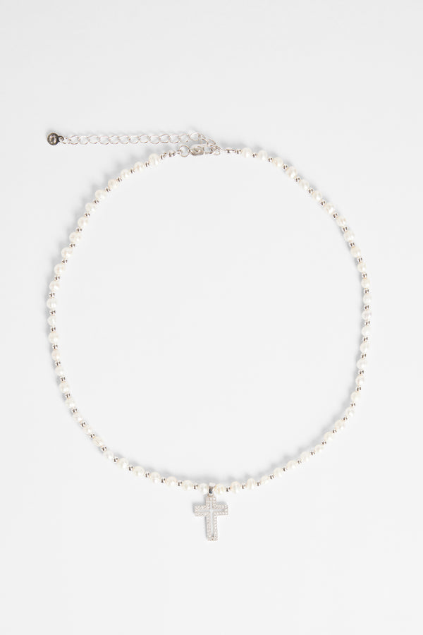 4mm Freshwater Pearl And Bead Necklace With Cross Charm