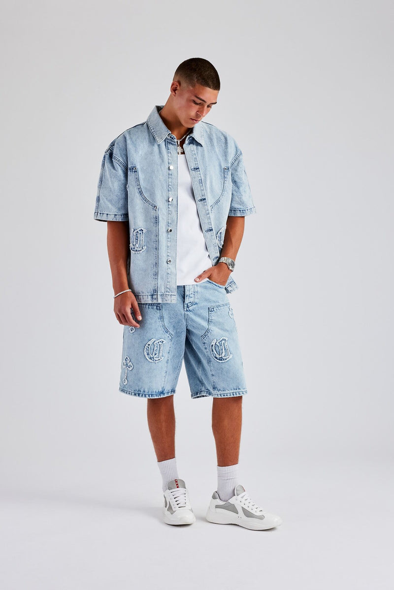 Raw Edge Applique Carpenter Bermuda Denim Short - Ice Blue