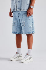 Raw Edge Applique Carpenter Bermuda Denim Short - Ice Blue