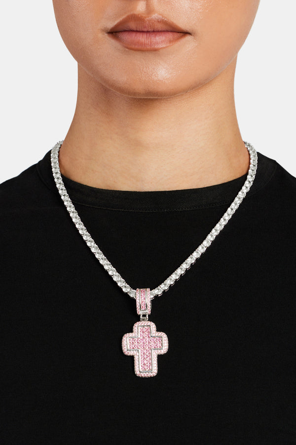 35mm Iced Pink CZ Baguette Cross Pendant