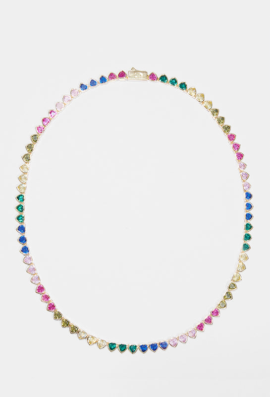 5mm Iced Multi Colour Heart Tennis Necklace - Gold