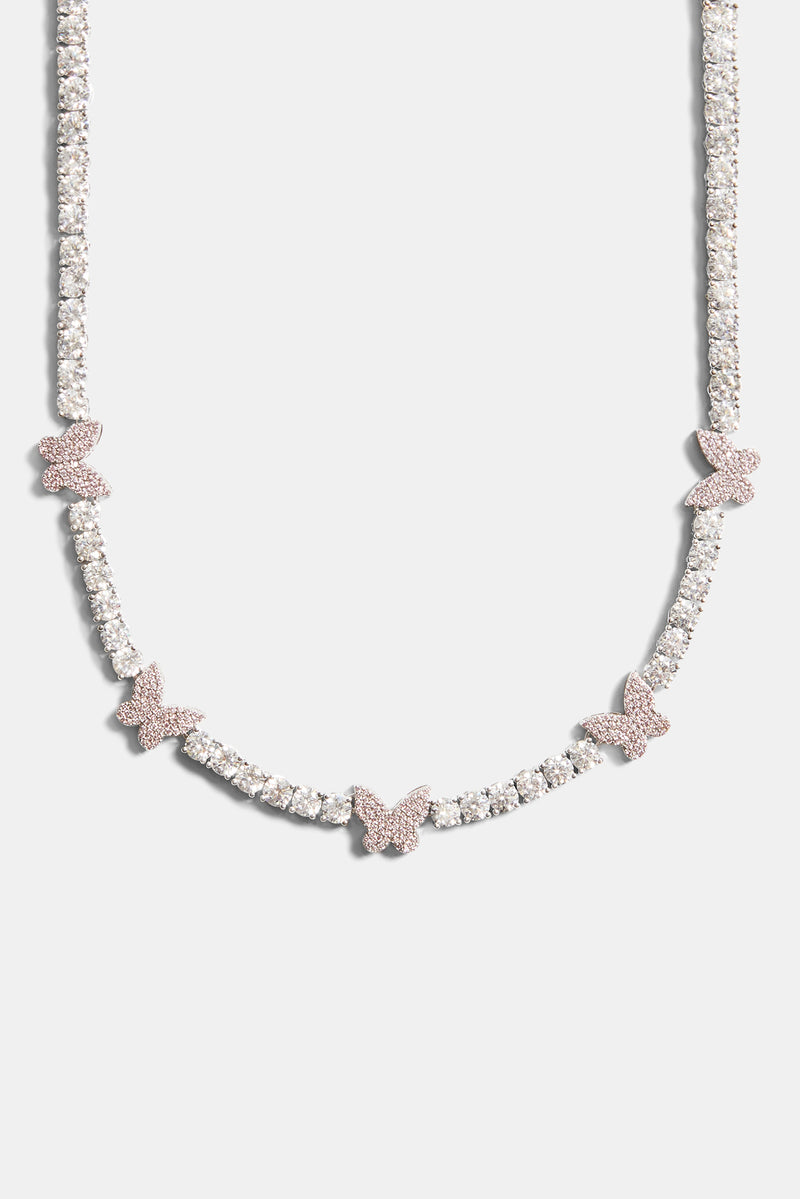 5mm Iced Pink Cz Butterfly Tennis Necklace