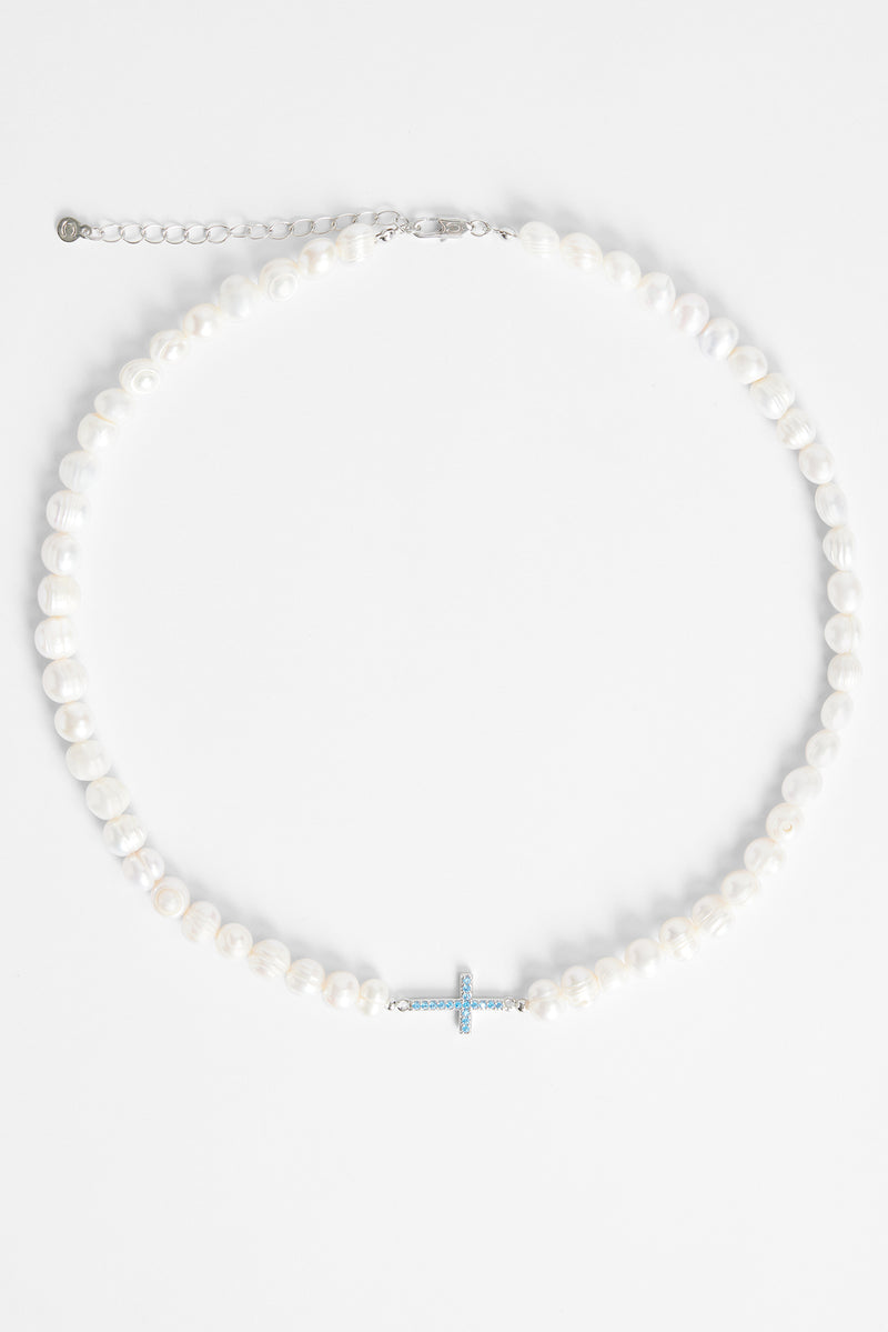 7mm Freshwater Pearl & Blue Iced Cross Necklace