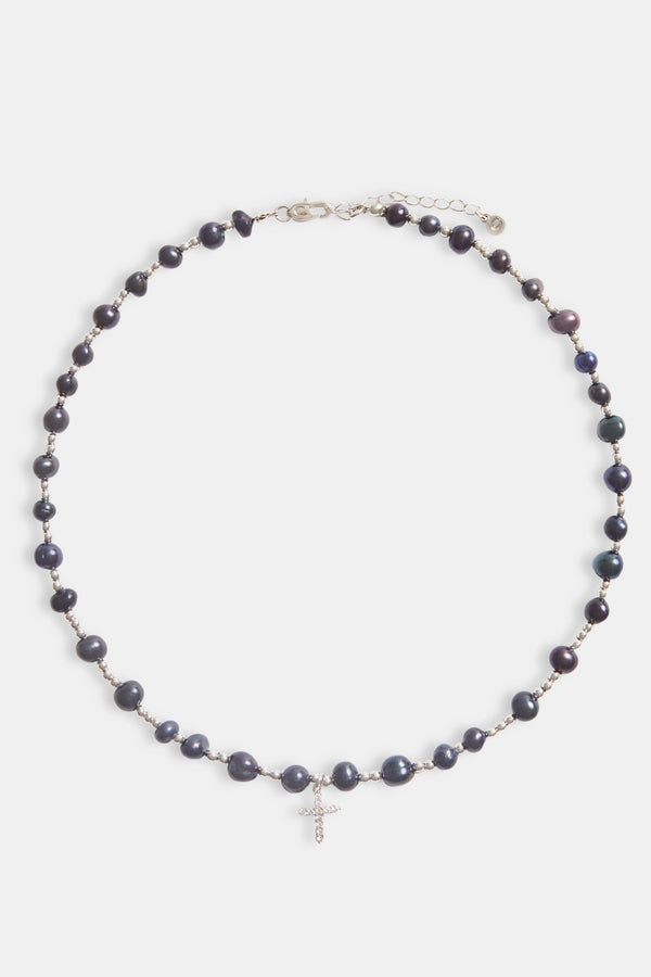 8mm Freshwater Black Pearl Necklace With Iced CZ Cross