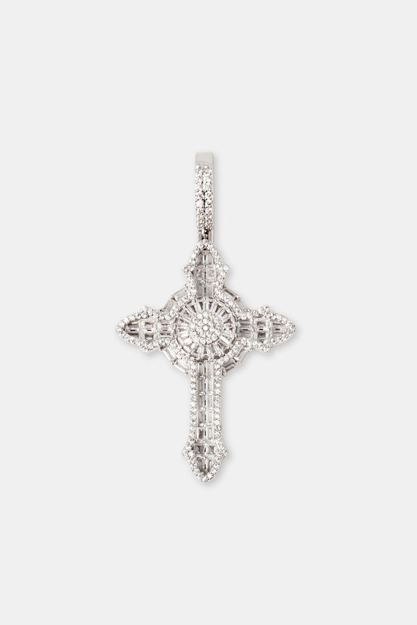 Iced Cross Baguette Pendant & 5mm Tennis Chain - White