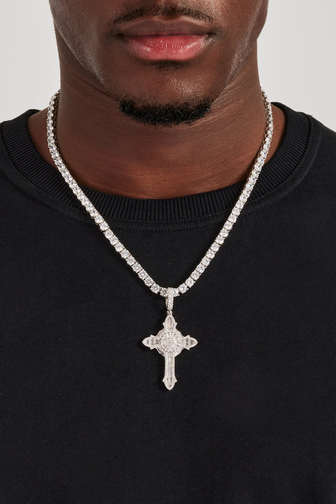 Iced Cross Baguette Pendant & 5mm Tennis Chain - White | Mens Bundles ...