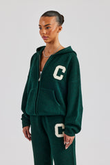 Hooded Zip Through Knitted Jumper - Bottle Green