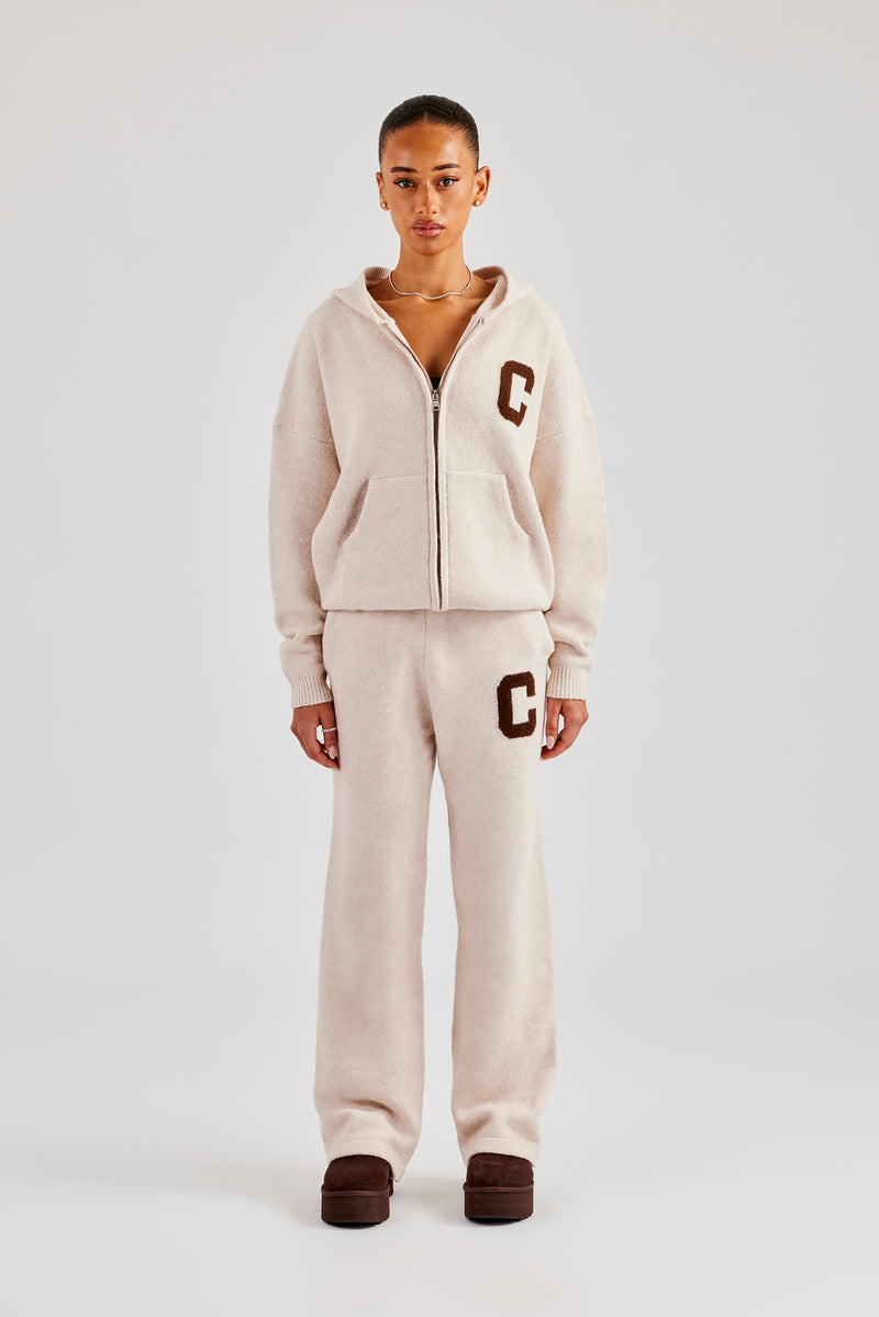 Hooded Zip Through Knitted Tracksuit - Off White