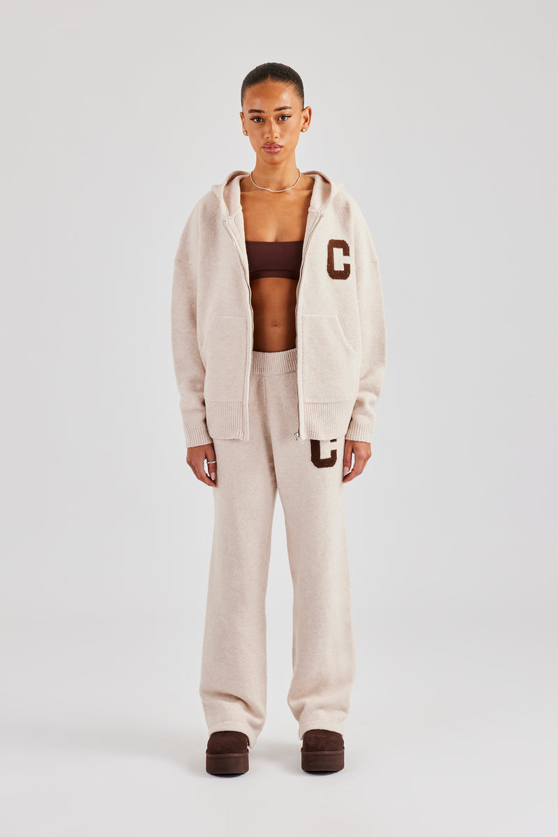 Hooded Zip Through Knitted Tracksuit - Off White