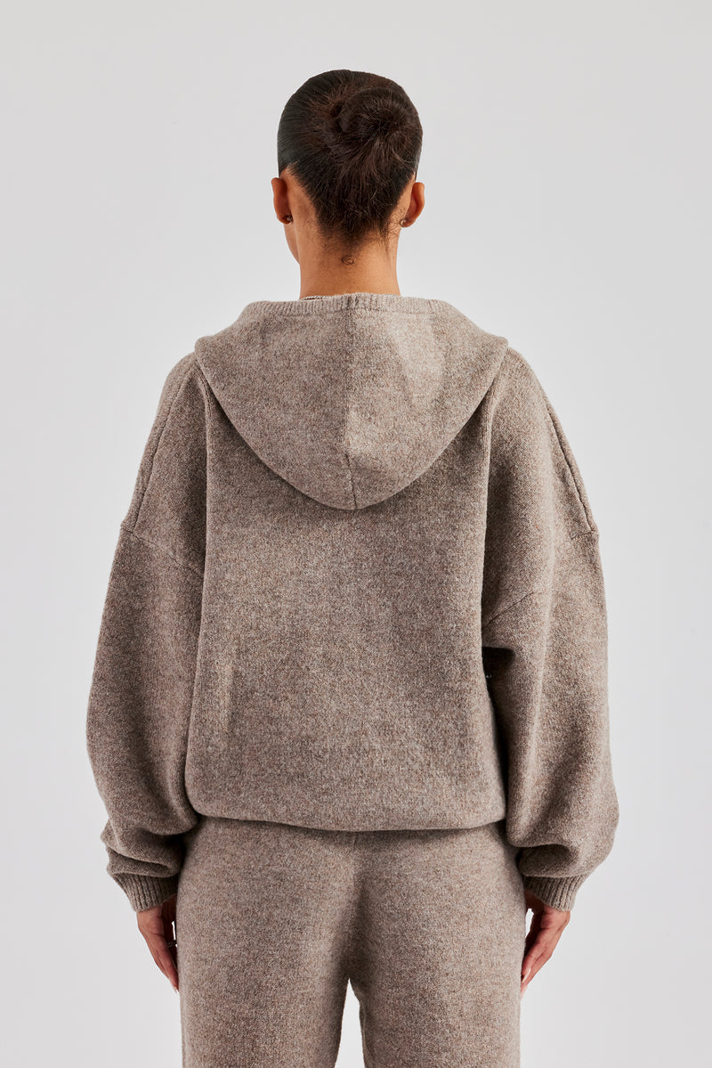 Hooded Zip Through Knitted Jumper - Taupe