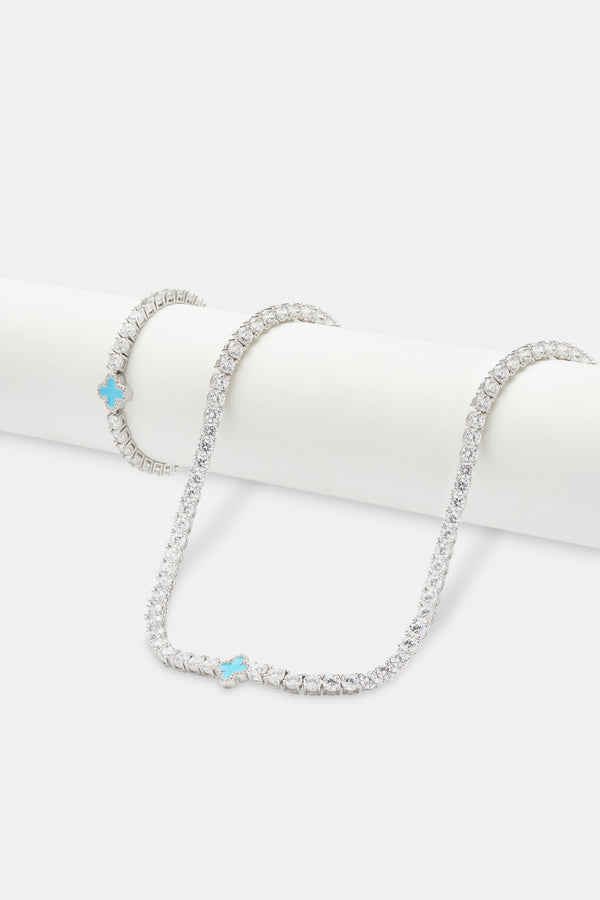 Womens Baby Blue Motif Tennis Chain + Bracelet