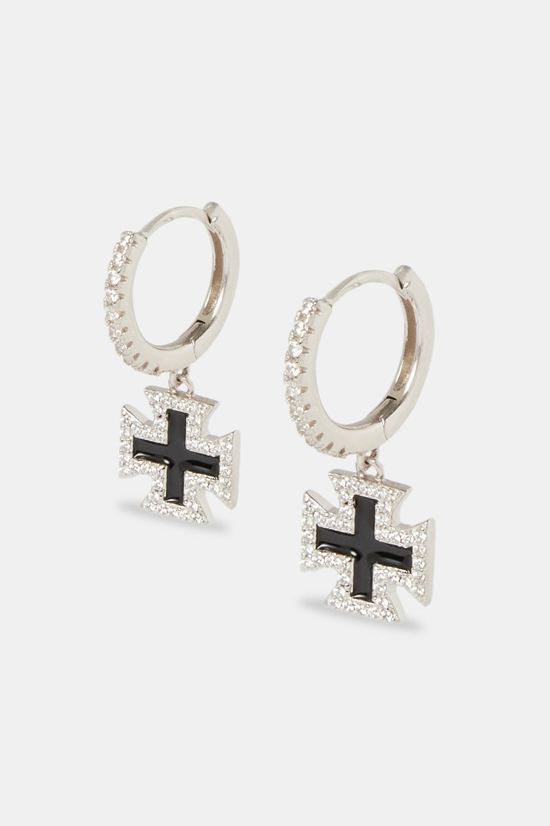 Black Enamel Cross Motif Drop Earrings - 10mm