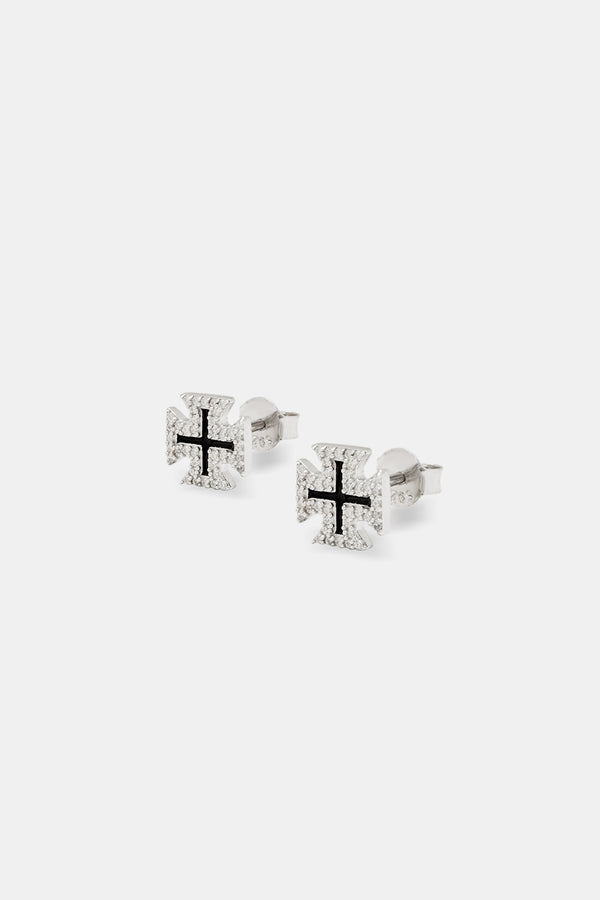 Black Enamel Cross Motif Stud Earrings