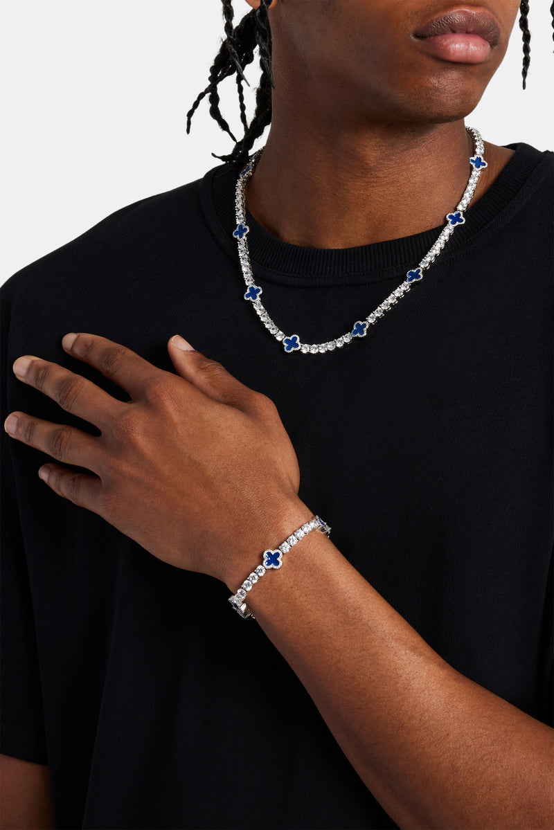 Mens Blue Motif Tennis Chain + Bracelet