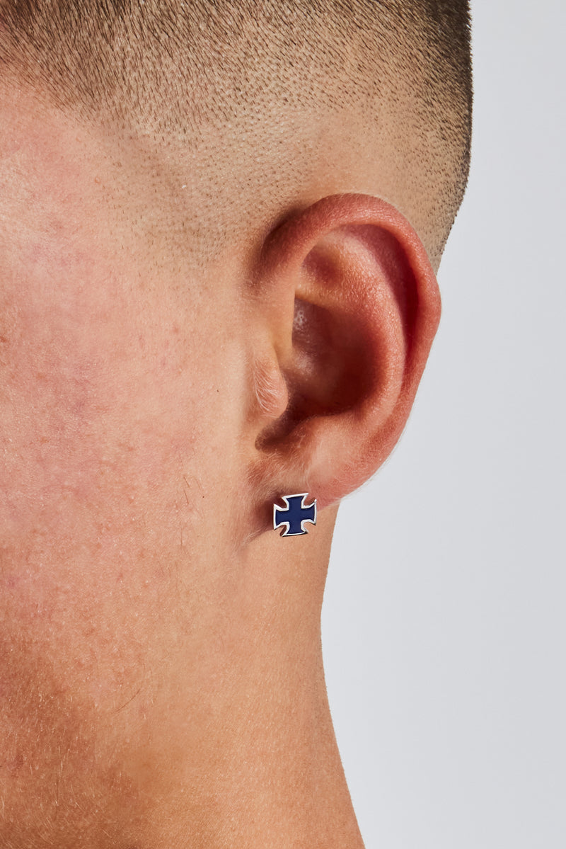 Blue Enamel Polished Cross Stud Earrings - 8mm