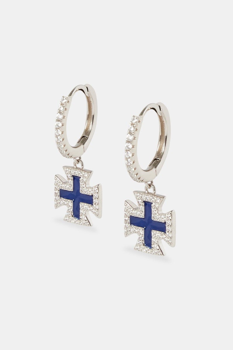 Blue Enamel Cross Motif Drop Earrings - 25mm