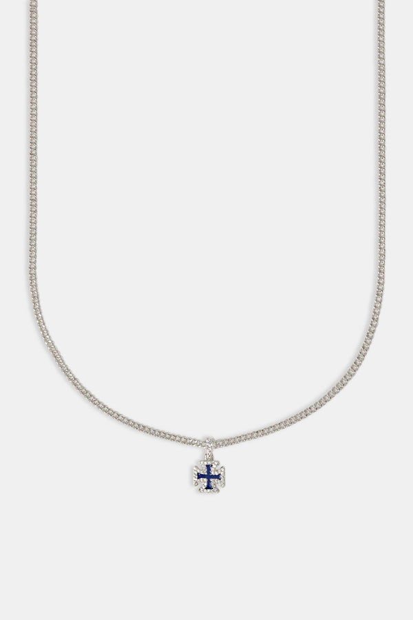 Iced Blue Enamel Cross Motif Cuban Necklace - 10mm