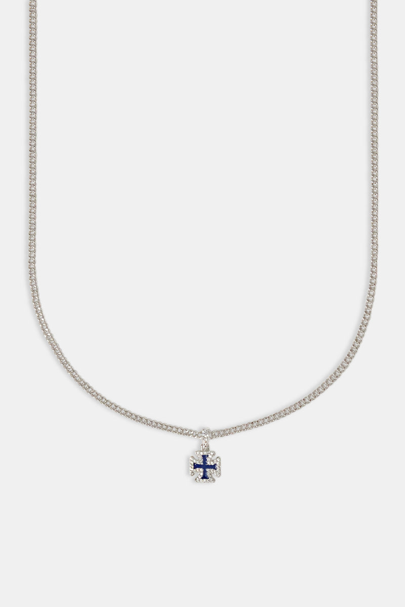 Iced Blue Enamel Cross Motif Cuban Necklace - 10mm