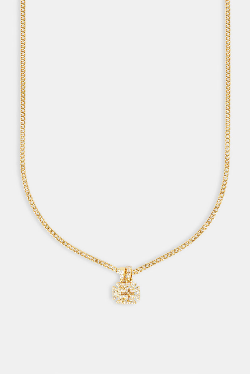 Iced Double Cross Motif Cuban Necklace - 10mm - Gold