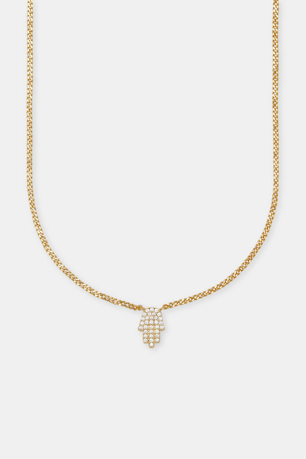 Iced Hamsa Hand Necklace - Gold