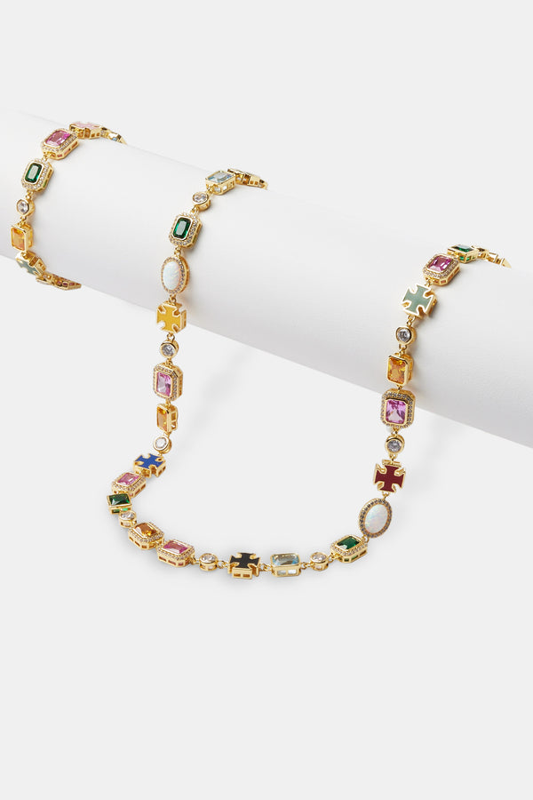 Multi Gemstone Motif Necklace & Bracelet - Gold