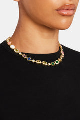 Multi Gemstone Motif Necklace - Gold Pink & Green