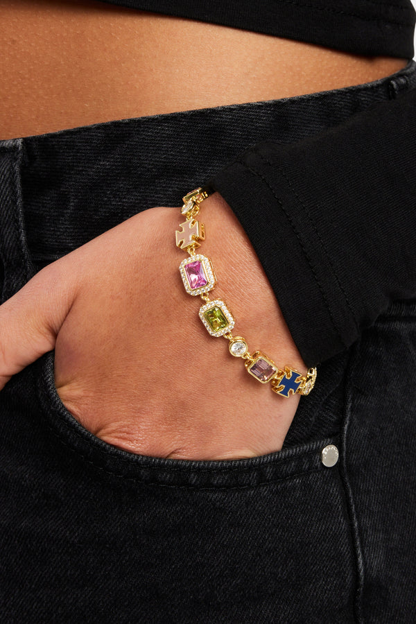 Multi Gemstone Motif Bracelet - Gold Pink & Green