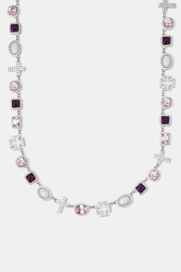 Pink Gemstone & Cross Motif Chain - White