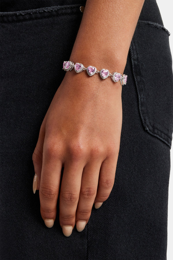 Pink Heart Bezel Iced Bracelet - 10mm