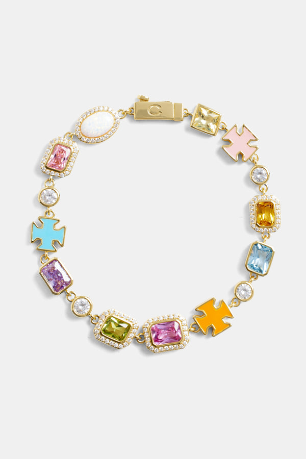 Pink Multi Gemstone Motif Bracelet - Gold