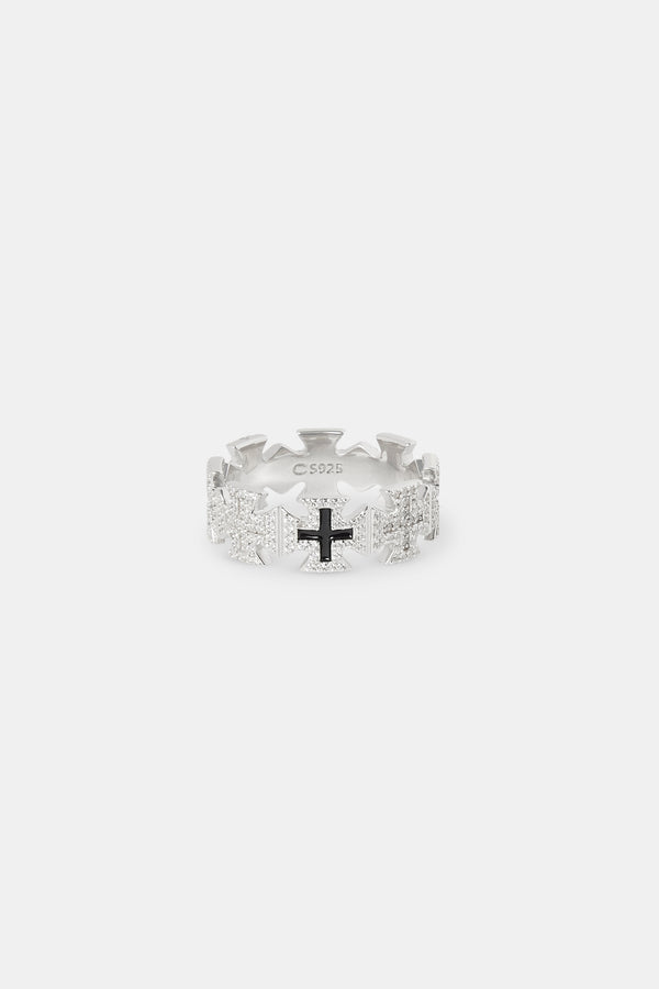 Iced & Black Enamel Cross Motif Ring - 8mm