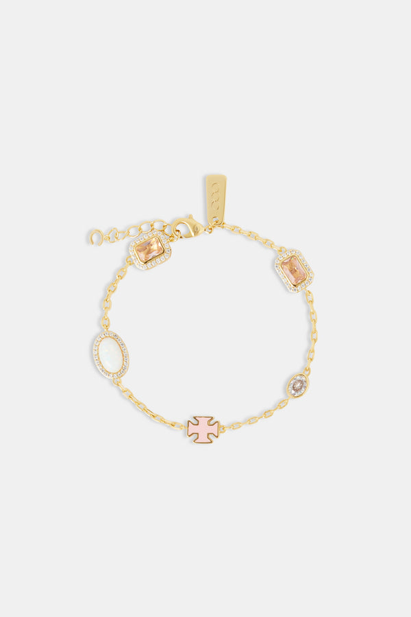 Pink Enamel Cross & Gemstone Rolo Bracelet - 10mm