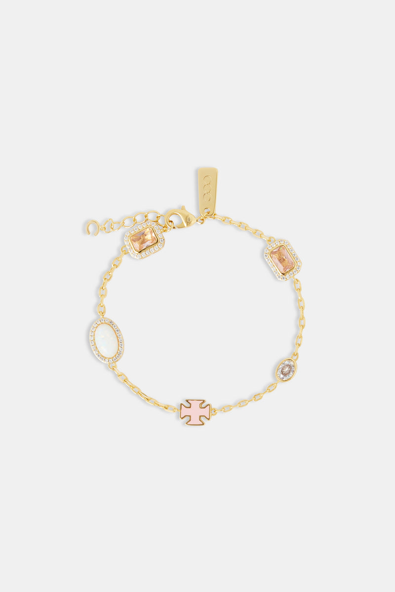 Pink Enamel Cross & Gemstone Rolo Bracelet - 10mm