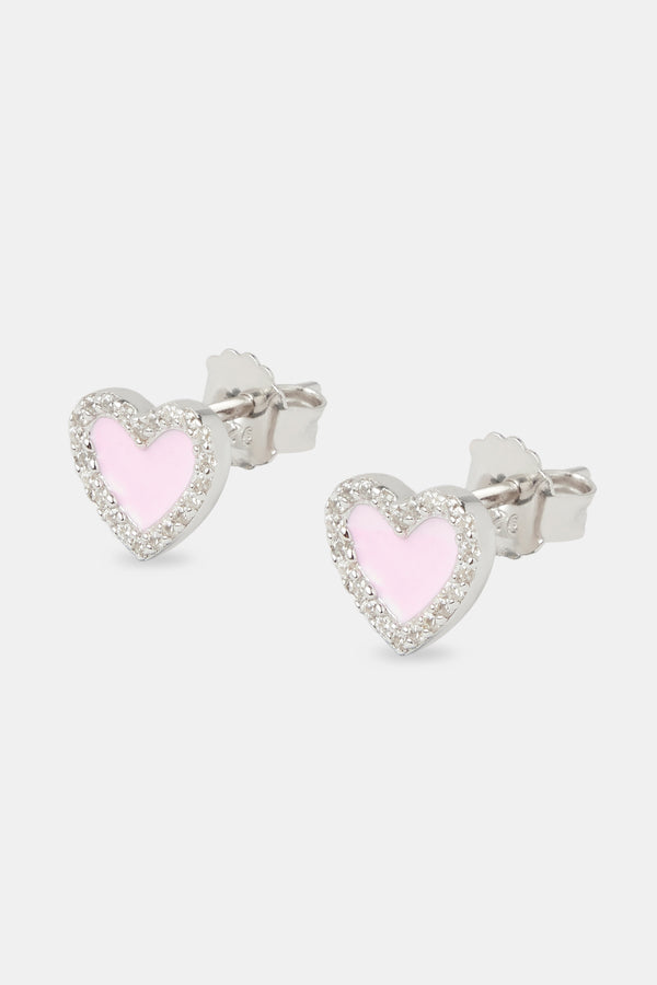 Pink Enamel Heart Stud Earrings - 6mm