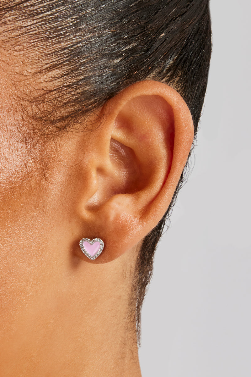 Pink Enamel Heart Stud Earrings - 6mm