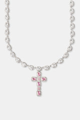 Oval Gemstone Pink Cross Drop Chain - 8mm