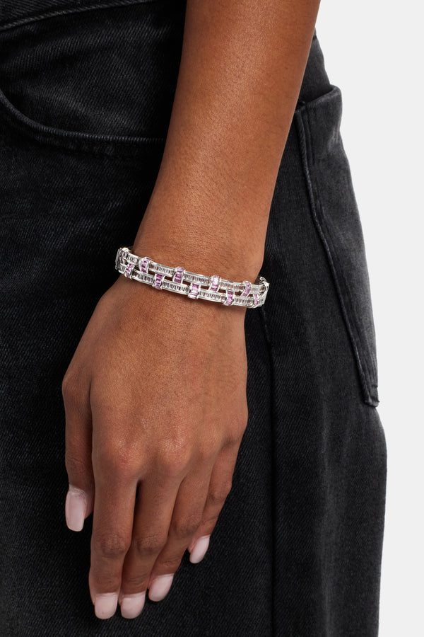 Iced Woven Pink Baguette Bangle - White