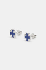 Blue Enamel Polished Cross Stud Earrings - 8mm