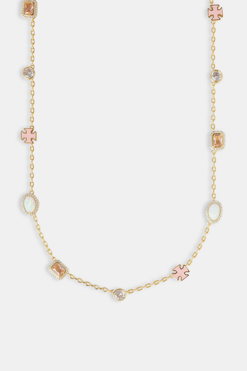 Pink Enamel Cross & Gemstone Rolo Necklace - 10mm