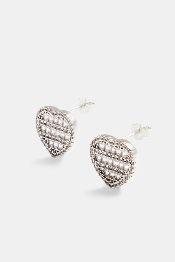 12mm Iced CZ Baguette Heart Shape Stud Earrings