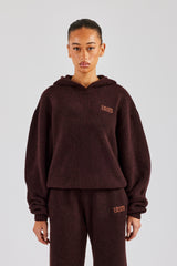 Knit Boxy Embroidered Hoodie - Chocolate