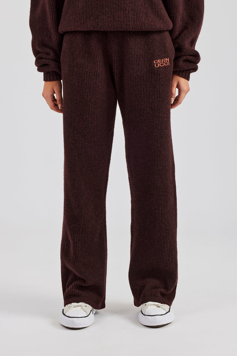 Wide Leg Knit Embroidered Jogger - Chocolate