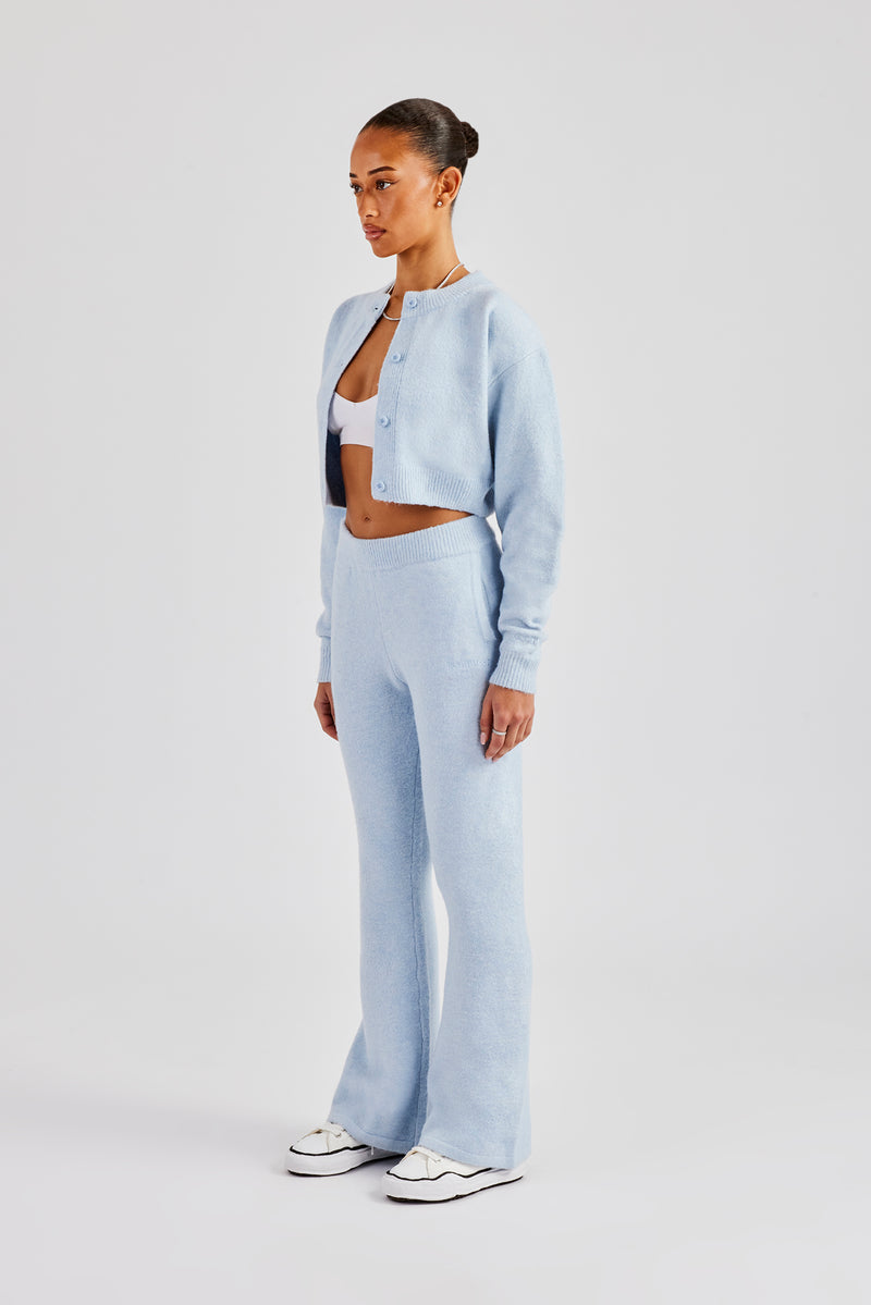 Knitted Cropped Cardigan & Flare Trouser - Baby Blue