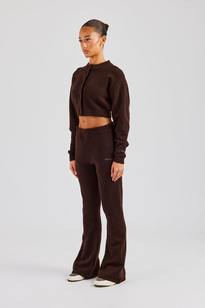 Knitted Cropped Cardigan & Flare Trouser - Chocolate