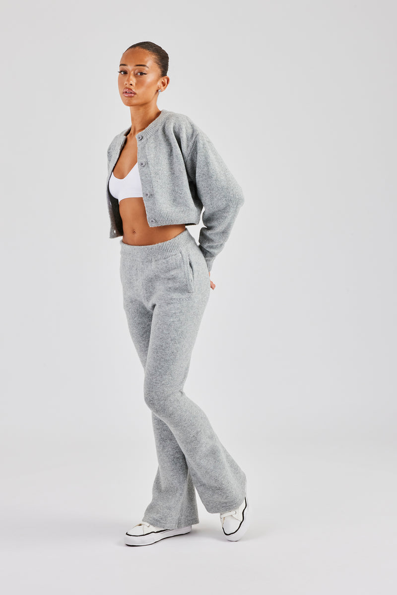 Knitted Cropped Cardigan & Flare Trouser - Grey