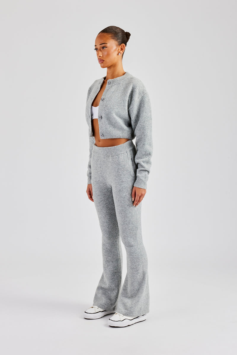 Knitted Cropped Cardigan & Flare Trouser - Grey