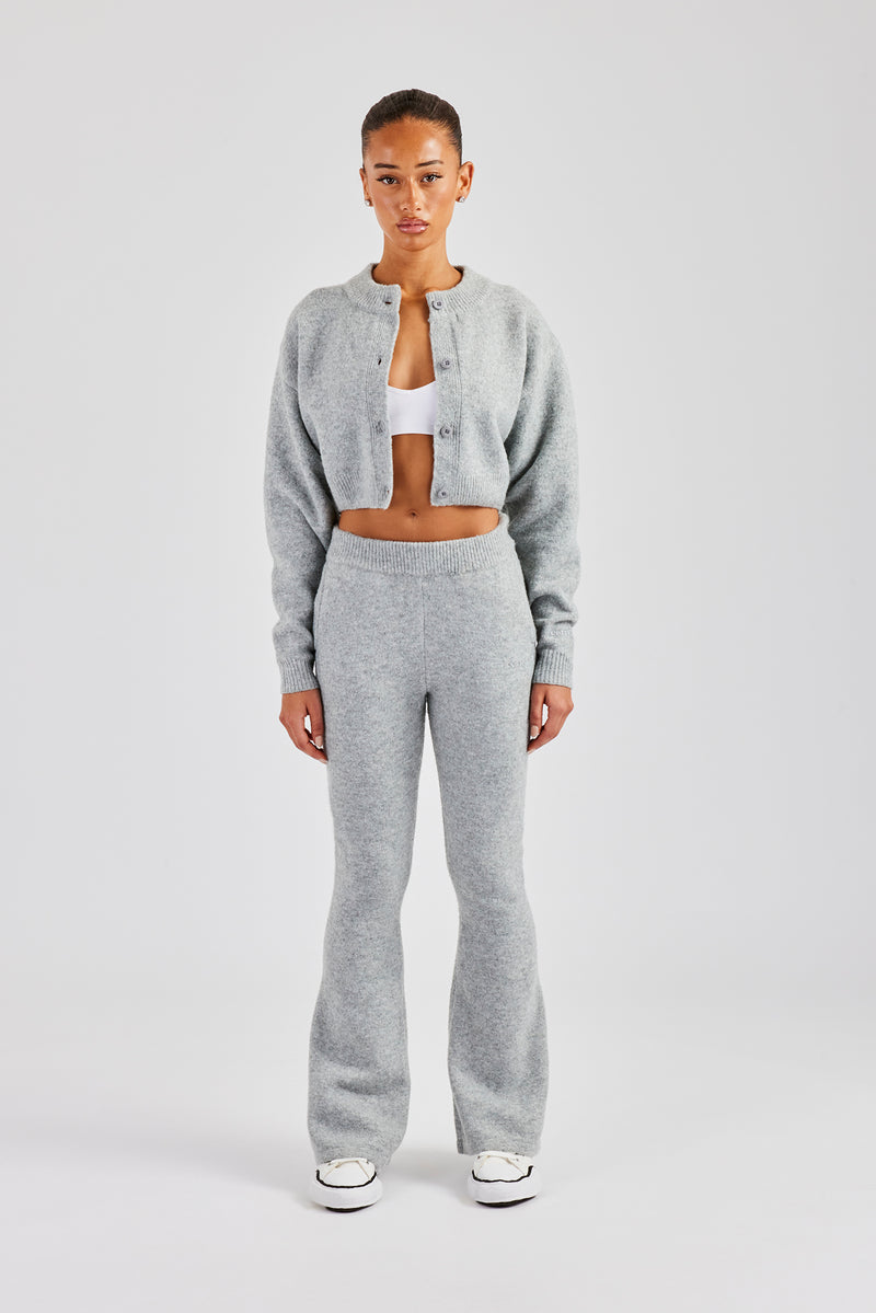 Knitted Cropped Cardigan & Flare Trouser - Grey