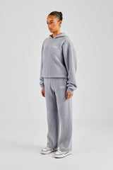 Knit Boxy Raglan Embroidered Tracksuit - Grey